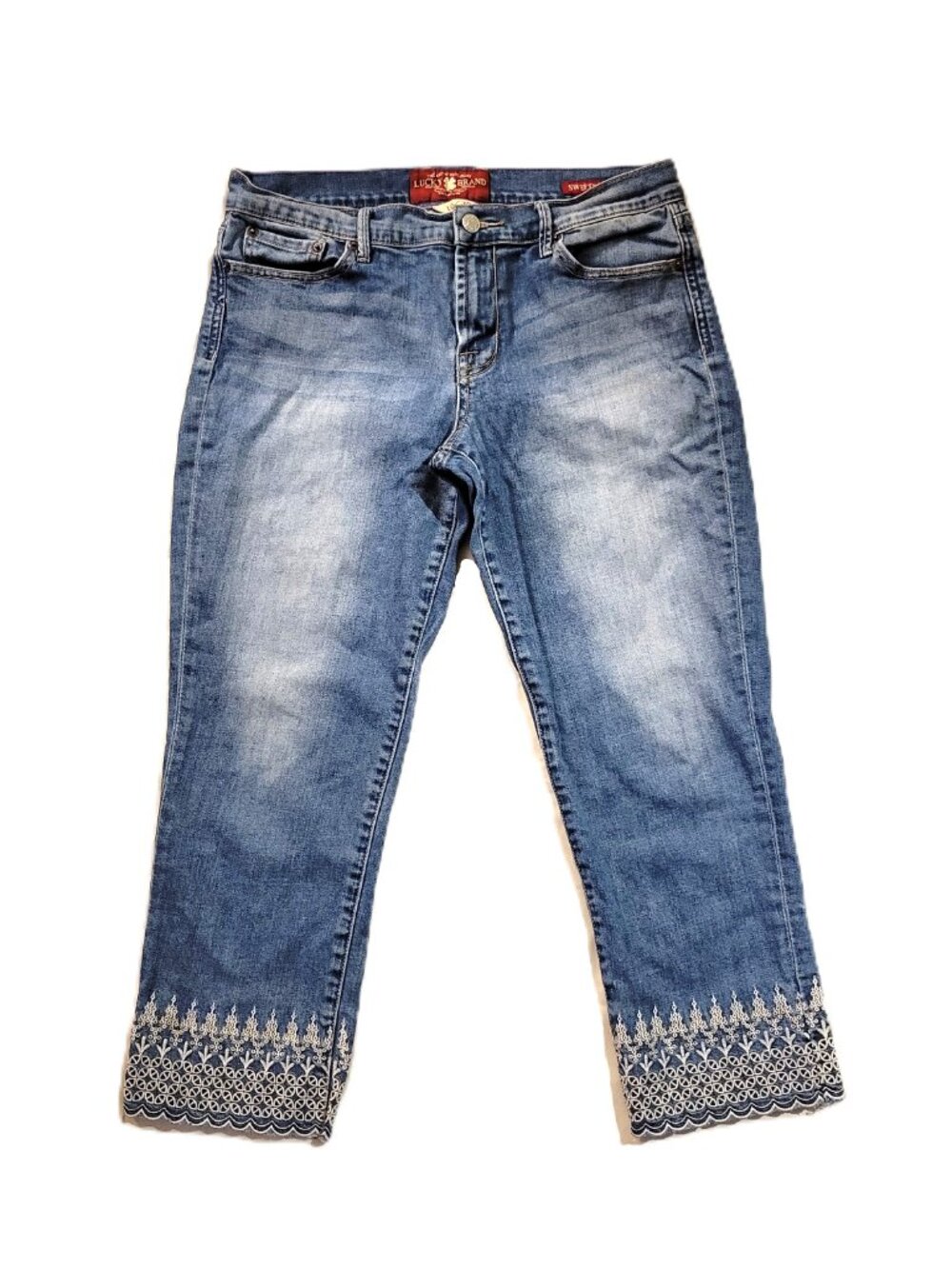 Lucky Brand Sweet N Low Crop Jeans Women 10/30 Embroidered Hem Med Wash Boho